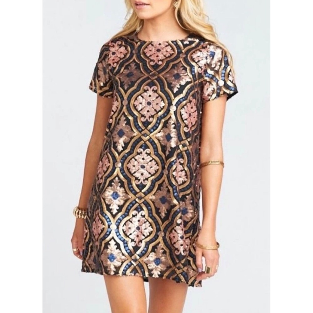 Show Me Your Mumu Tallulah Wallflower Sequin Dress Damask Low Back Gold Navy XL